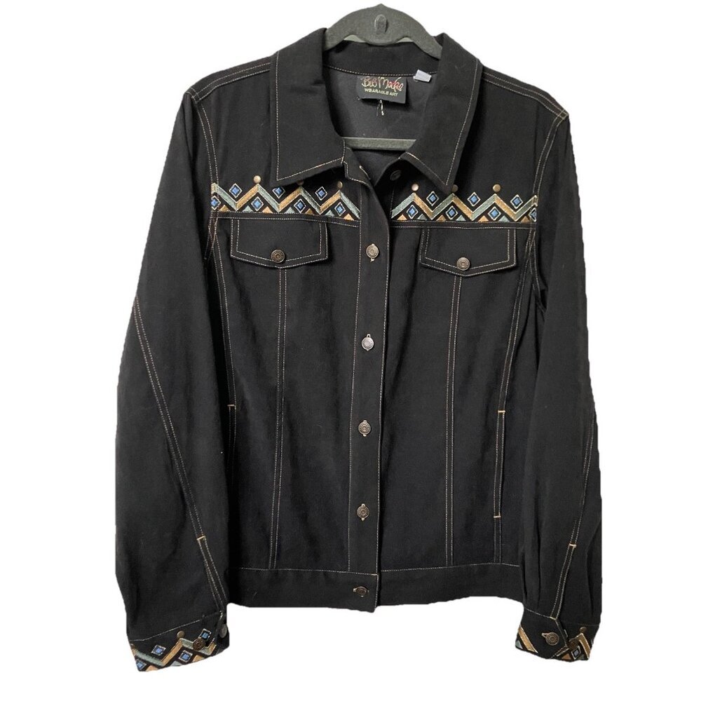 Vintage Bob Mackie Jacket Womens L Black‎ Embroidered 90s Trucker Style